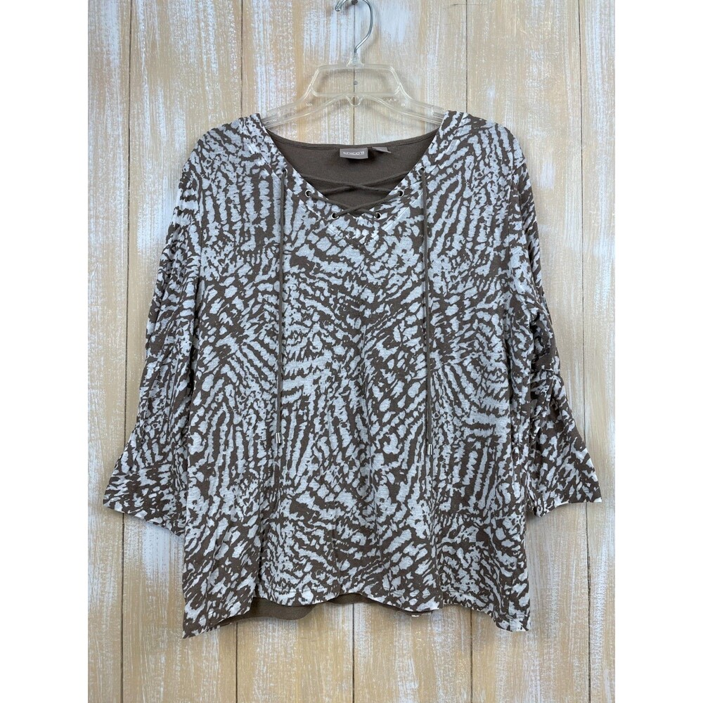 Chicos Size 2 (L) Knit Top 3/4 Sleeve Brown White Animal Print Lined Lace Up Top